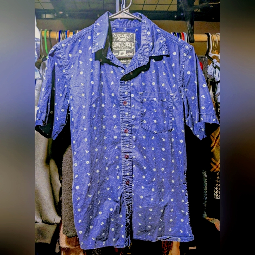 Broken Threads Navy Blue/ White Sailor Print Short Sleeve Button Down Shirt